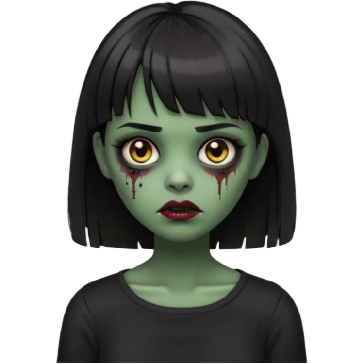 Zombie girl emoji verde escuro com cabelo curto liso preto no ombro e franja na altura da sobrancelha cobrindo completamente a testa, com uma blusa preta, olhos castanhos escuros emoji