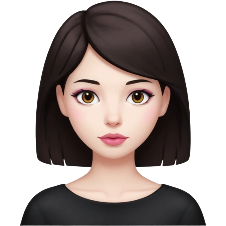 my hair is dark brown almost black, reaching my shoulder. the haircut is wolfcut, pretty lasher hut not thick. slightly pink lips. emoji
