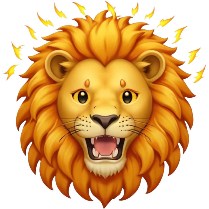 un lion avec la bouche ouverte. Au-dessus du lion, il y a un soleil. En plus, il y a des éclairs d’électricité qui se mêlent à la crinière du lion, comme s’il était chargé d’énergie. Le lion est vue de face emoji