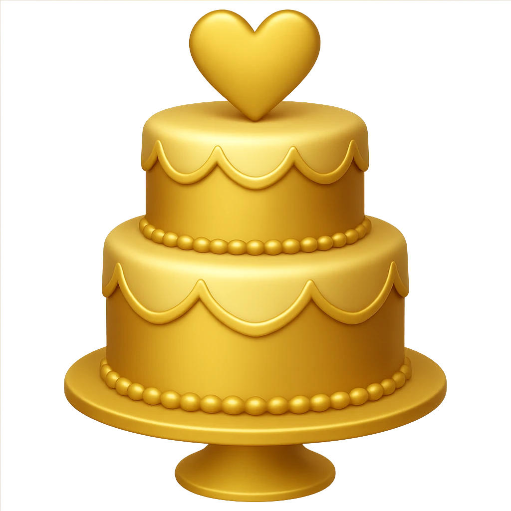 Add gold accents to the red wedding cake with two tiers and hearts. Keep the background transparent. The style is emoji style with concise and simple details. emoji