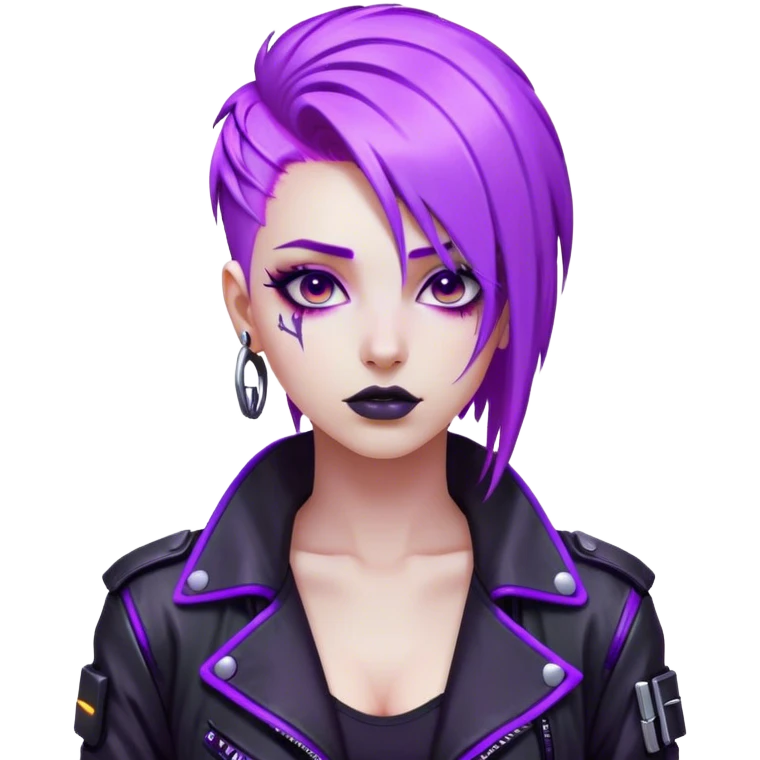 A cyberpunk hacker with neon purple hair, black leather jacket, and glowing screens. emoji