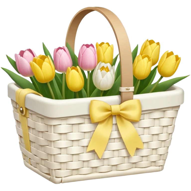 A white Picnic basket with yellow pastel bow, white peonie, tulips emoji