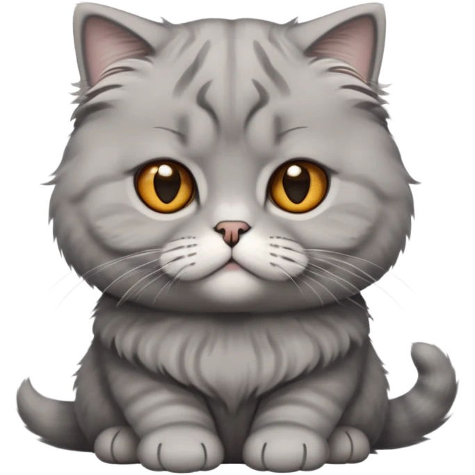 Cinematic-Fluffy-Grey-Scottish-Fold-Cat-Portrait-Emoji – Head tilted cutely with big, sparkling amber eyes, soft solid grey fur, and signature small folded ears pressed gently against its round head, simplified yet irresistibly adorable features, highly detailed, glowing with a soft and warm charm. emoji