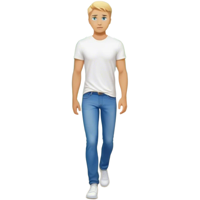 A cinematic realistic blond man with blue eyes, dressed in jeans and a T-shirt, walks against a background of trees emoji