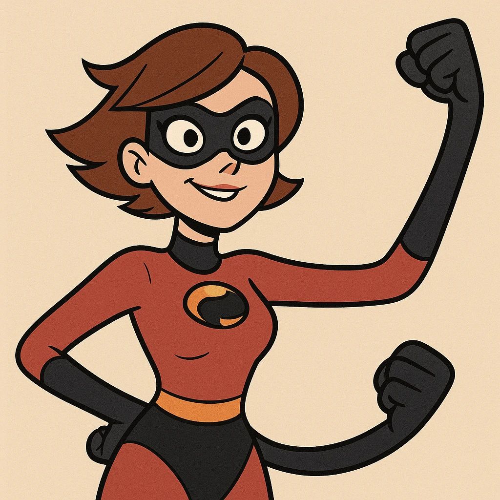 upper body of a heroic woman with stretching powers, red and black superhero outfit, black mask, short brown hair, animated style emoji