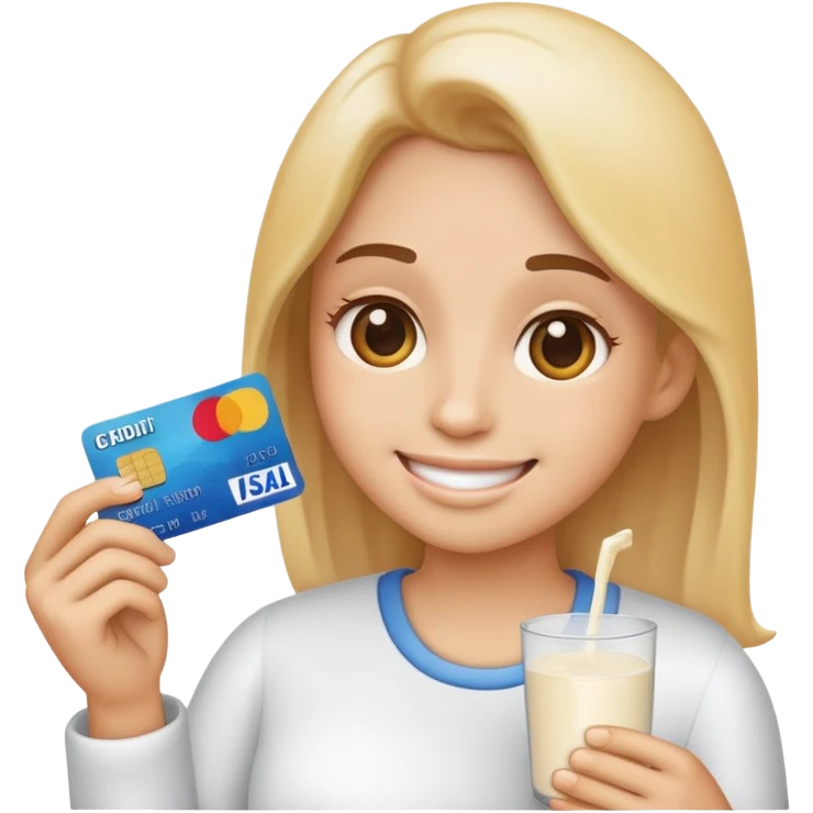 Glad emoji, med kreditt kort i hånden og mel pulver ved seg emoji