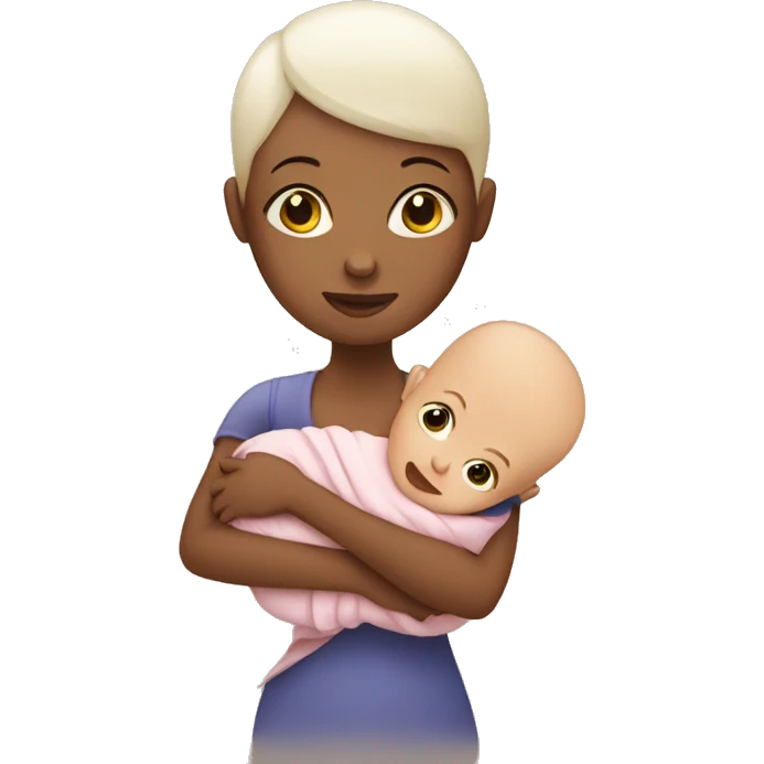 A women with no hair holding a baby the size of a house emoji