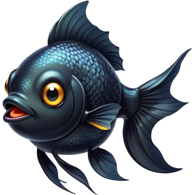 Cinematic Cute Black Goldfish Portrait Emoji, Head tilted playfully and inquisitively, featuring a glossy, deep black body with shimmering scales and round, sparkling golden eyes filled with curiosity, Simplified yet irresistibly adorable features, highly detailed, glowing with a warm, friendly glow, high shine, affectionate and lively, stylized with a touch of whimsy, bright and endearing, soft glowing outline, capturing the essence of a mischievous yet loving goldfish, so playful it feels like it could swim out of the screen and into your heart! emoji