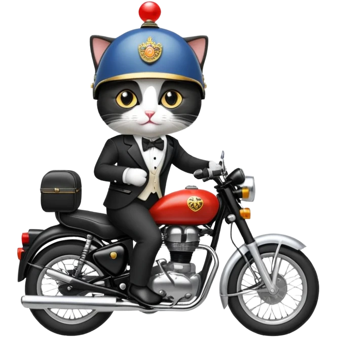 A tuxedo cat riding a royal enfield bike emoji