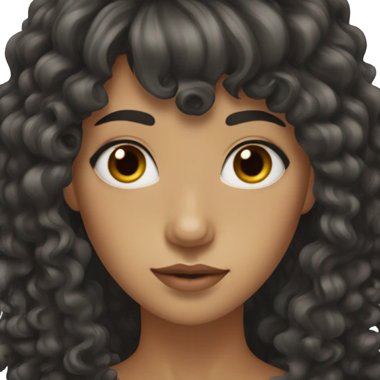 woman with long black curly hair and bangs and dark brown eyes emoji