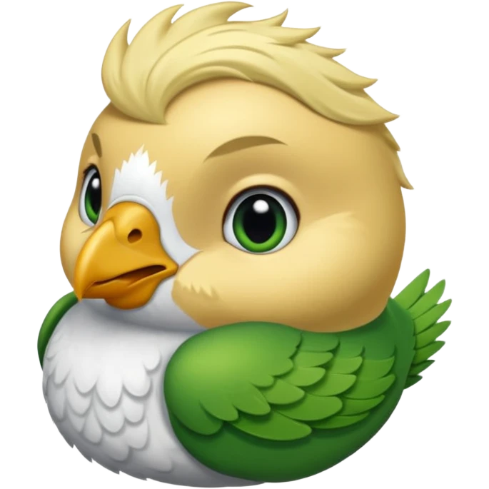 un oiseau classique de profil tout vert et un seul poil blond qui fait une petite bouclette sur le front avec le collier argenté avec des ronds attachés au collier est autour du coup de l’oiseau entre la tête et le corps emoji