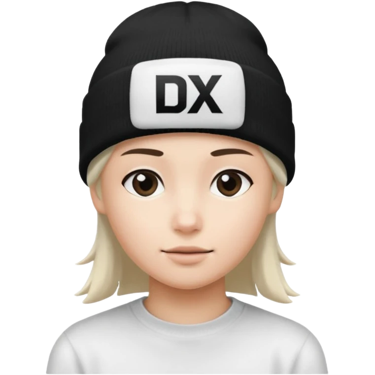 wearing a white beanie with an black square logo with the word "DX" written on it.

 emoji