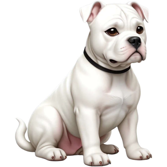cinematic-[solid white american bulldog]-realistic-full-body-sitting-emoji,-tail-resting-loosely-beside-its-paws,-head-tilted-dramatically,-sleek-[solid white]-fur,-simplified-yet-realistic-focused-features,-highly-detailed,-glowing-with-an-almost-sarcastic-glow emoji
