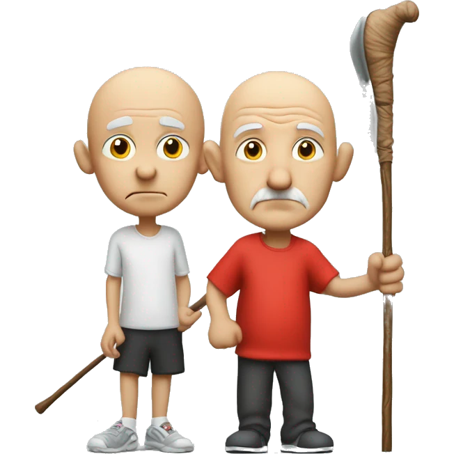 A very old man. Bald. Holds a walking stick. Wearing a marathon runner outfit. Has a thinking bubble above his head with his toddler son, and a red X to show that he doesnt like his son emoji