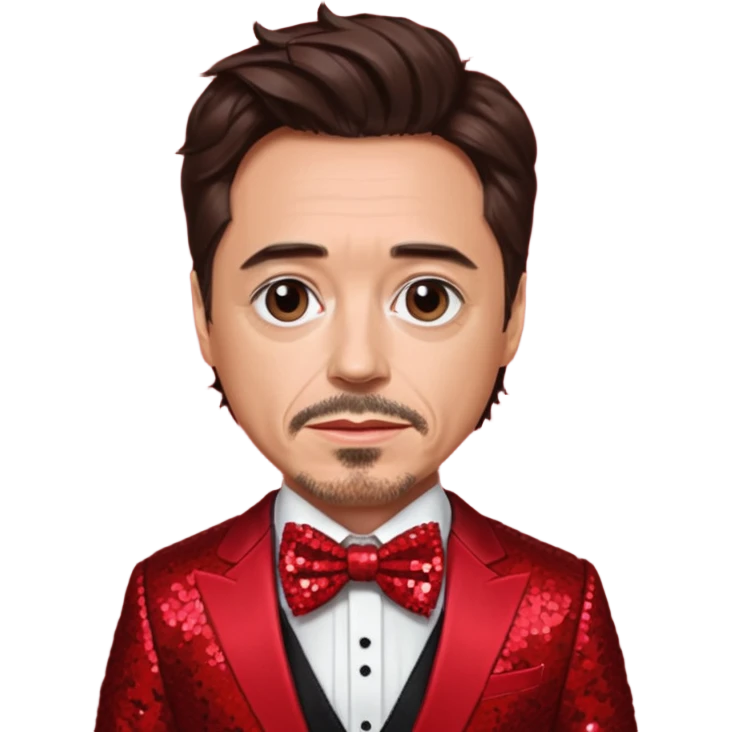 Robert Downey Jr with dark brown hair, red sequin suit with bow tie emoji
