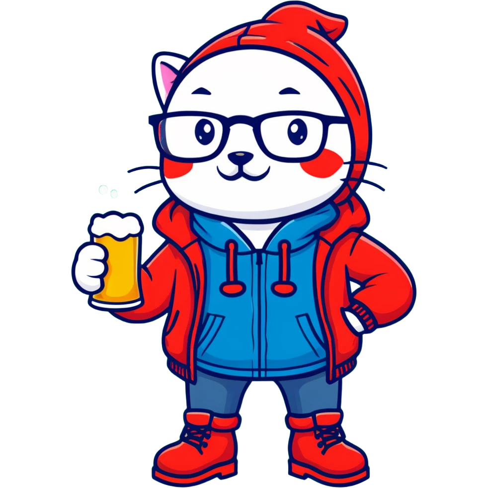 Catfish in a red winter jacket with hood, wearing round glasses, blue jeans, red boots, holding a beer can with a red label emoji