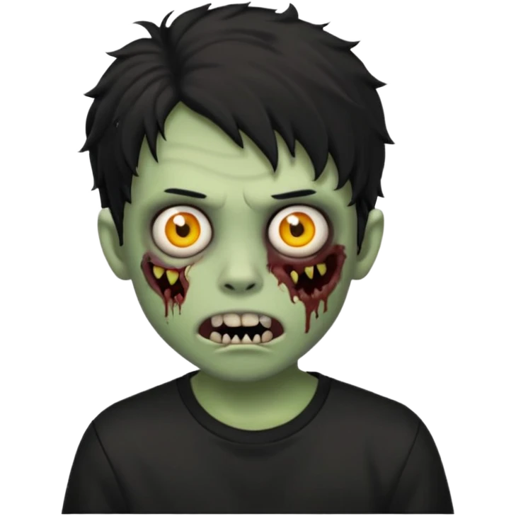 a boy with wavy hair, a zombie-shaped mouth piercing hum, and black hair with a black shirt too emoji