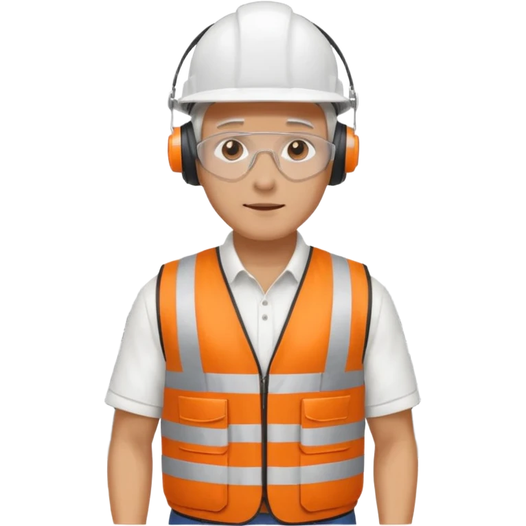 Guy with white head protection with ear noise canceller and orange vest With spanner. On his side carrying side panels for the white server racks emoji