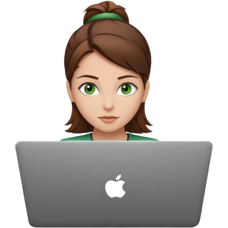 fată cu ochi verzi și păr șaten strâns în partea din spate a capului, lucrând pe un laptop emoji