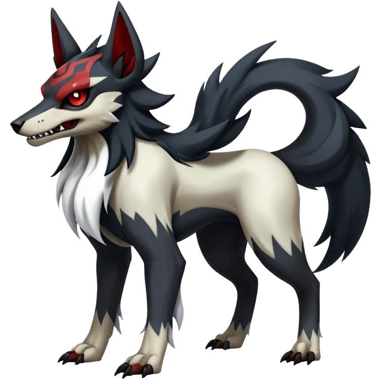 Shiny Exotic Excessive Mysterious Houndoom-Mightyena-Zorua-Zoroark-Zangoose-Houndour-Pokémon-Fakémon-hybrid-creature (full body) with a dog-skull emoji