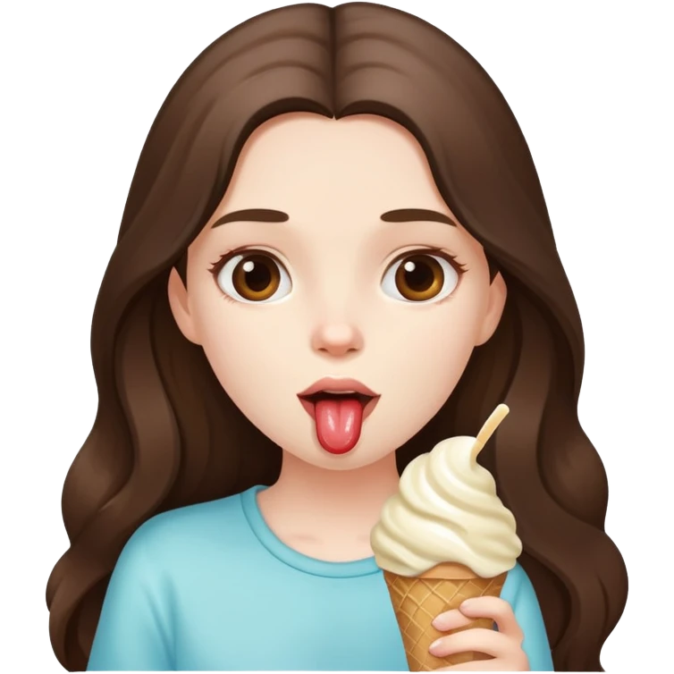 beautiful pale brunette girl with long hair eating an ice cream emoji