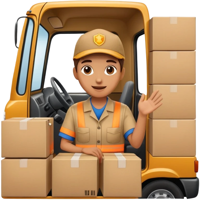 truck with a supplier in work uniform sitting inside, waving hi, lots of packages in the truck emoji