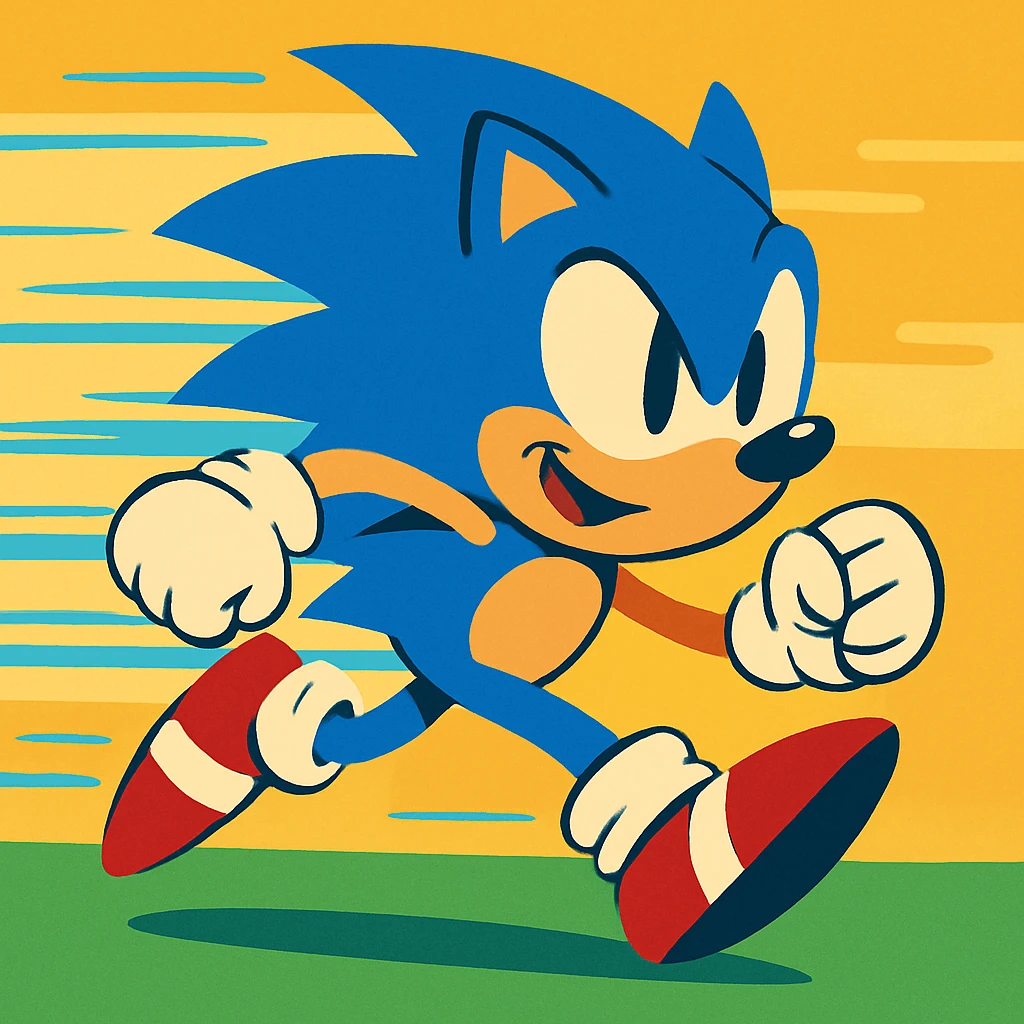 Sonic the Hedgehog, running fast, motion blur, bright blue, cartoon style emoji