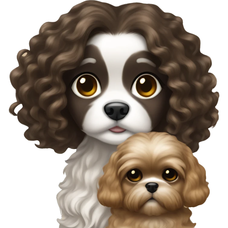 Young dark brunette curly kin hair woman with a golden shih tzu in her arms long wavy hair emoji