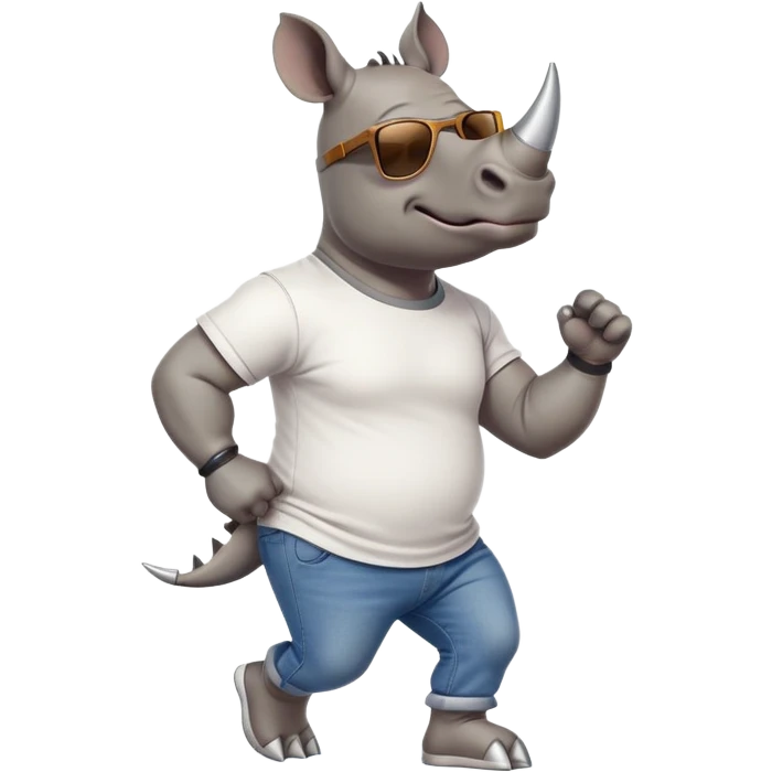 friendly anthropomorphised rhino in jeans and t-shirt, wearing dark sunglasses, jogging upright, relaxed pose emoji