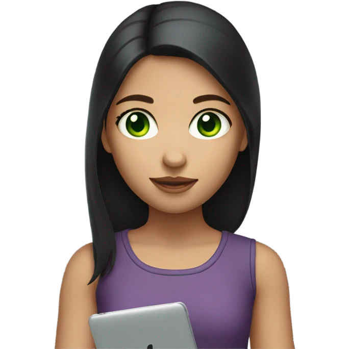 A girl with an iPad with medium-length dark hair and green eyes emoji
