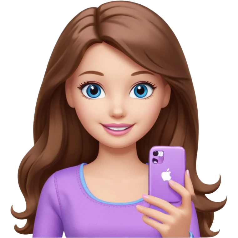 beautiful barbie girl with long brown hair, blue eyes and wearing light purple clothes playing games emoji