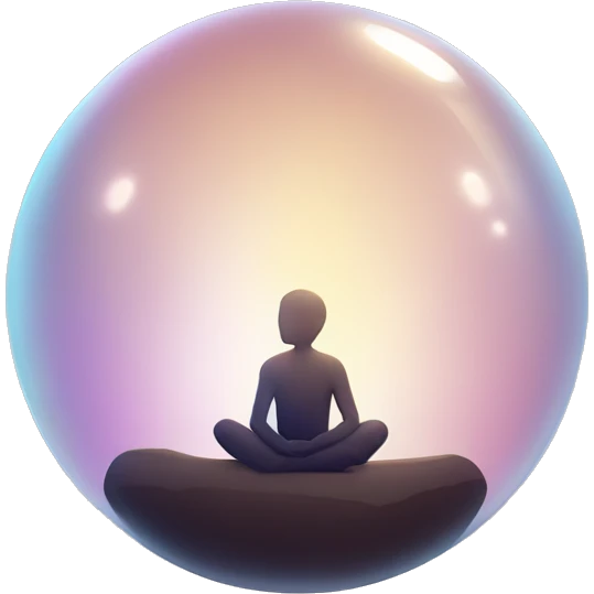 A minimalist figure sitting calmly inside a large, glowing bubble. The bubble shimmers with subtle gradients or lines, symbolizing introspection and protection. emoji