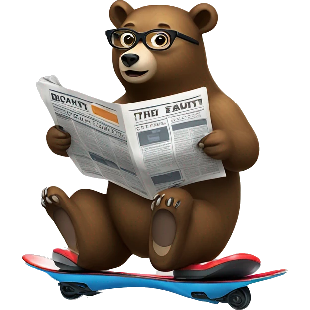 Bear riding a hoverboard while wearing glasses and reading a newspaper. emoji