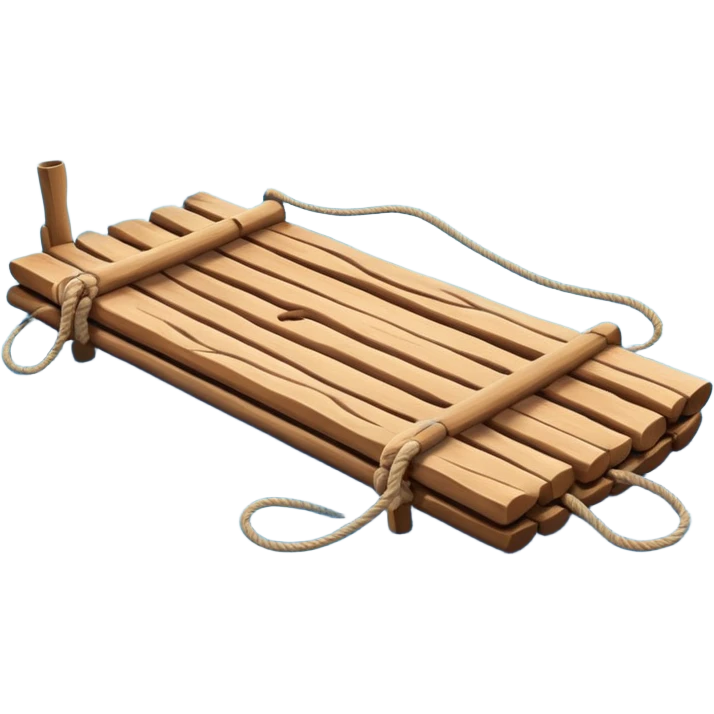 showing a simple wooden raft floating on calm blue water — made of several brown logs tied together with rope — gentle ripples around it — bright, cheerful lighting and soft shadows — minimalist, clean emoji design emoji