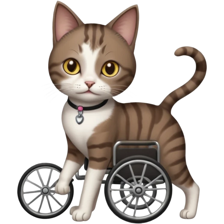full body small short hair dark brown and white cat with hazel eyes walking in a wheelchair for cats emoji