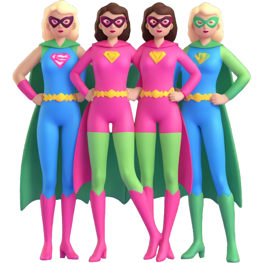 three female superheroes posing together - one wearing light blue outfit, one wearing pink outfit, and one wearing light green outfit emoji