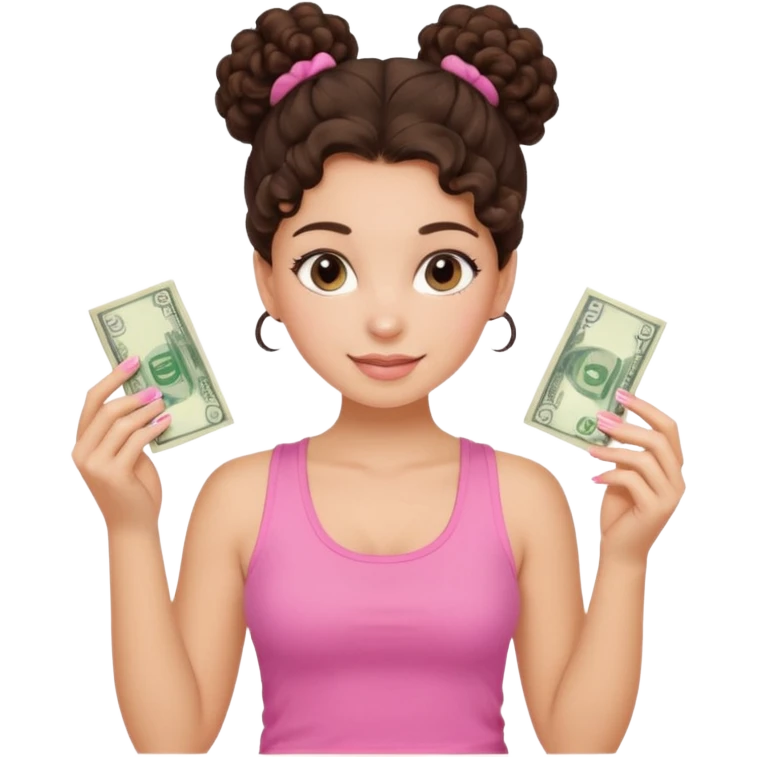 Uma menina com o cabelo cacheado com um Coque com baby hair morena, e com uma regata rosa com unha em gel,e com dinheiro na mão , emoji