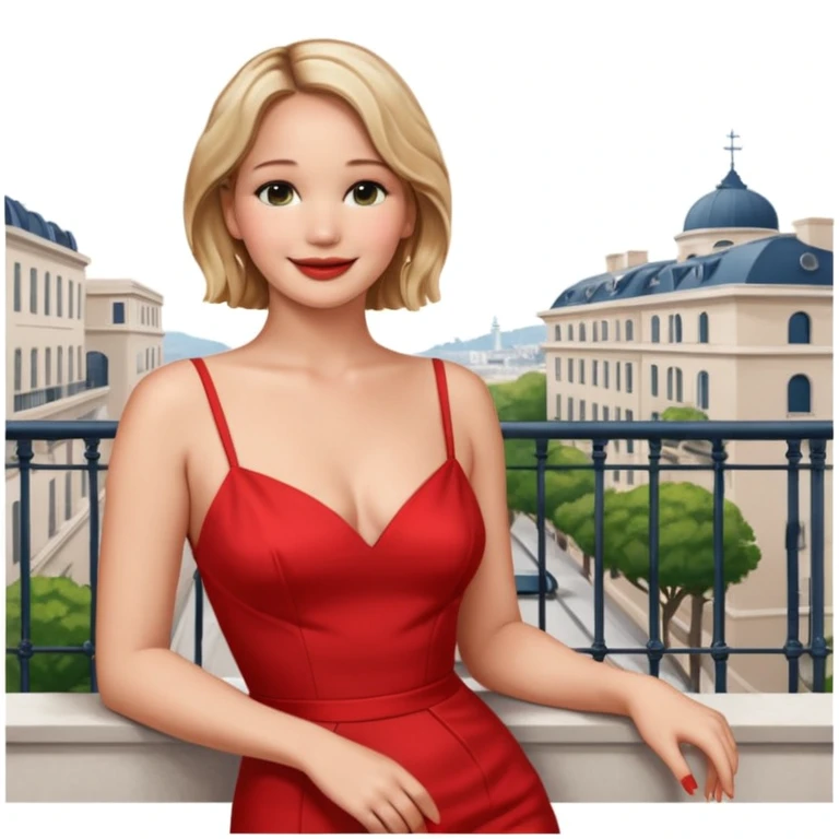 jennifer lawrence, red dress leaning on a balcony with a harbor and cityscape in the background, smiling, closeup emoji