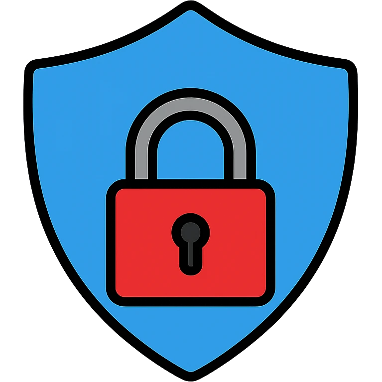 IT security icon with a blue #02aff4 shield and a red #ee1b24 padlock, detailed, modern, white background, strong contrast, icon style emoji