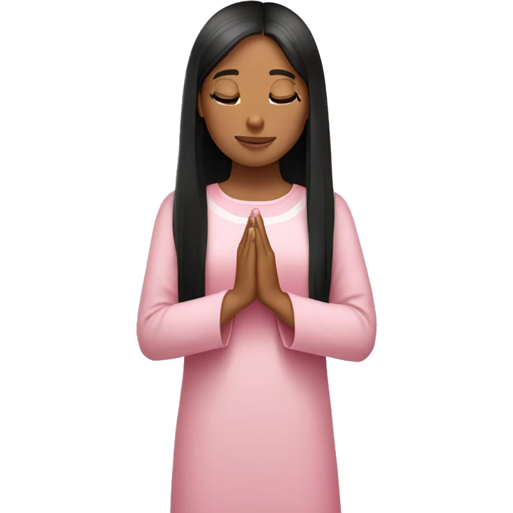 Caucasian girl with black straight hair praying with pink flora emoji