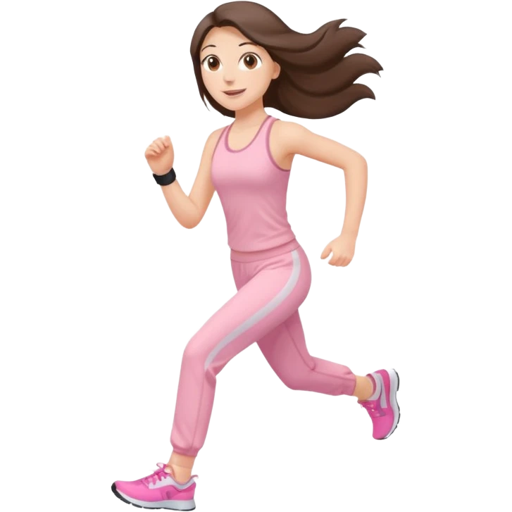 white happy brunette teen long hair with hazel eyes in light pink workout clothes jogging emoji