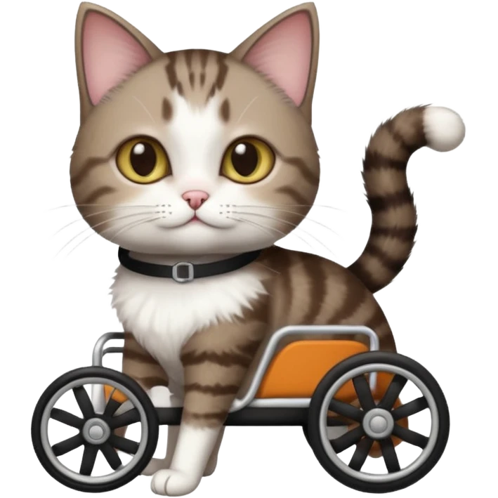 full body small short hair dark brown and white cat with hazel eyes walking in a wheelchair for cats emoji