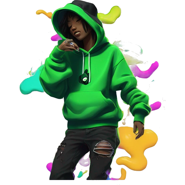 Multicoloured neon black green graffiti person smoking wearing hoodie dancing hip hop bucket hat tropical Skater fashion aesthetic baggy clothes graphic t shirt 420 emoji