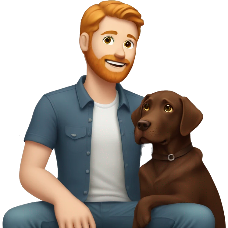 man with ginger hair and beard petting a chocolate lab emoji