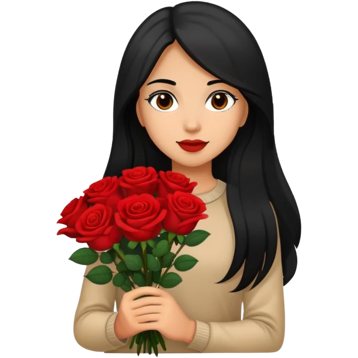 A girl with long black hair holding a bouquet of roses emoji