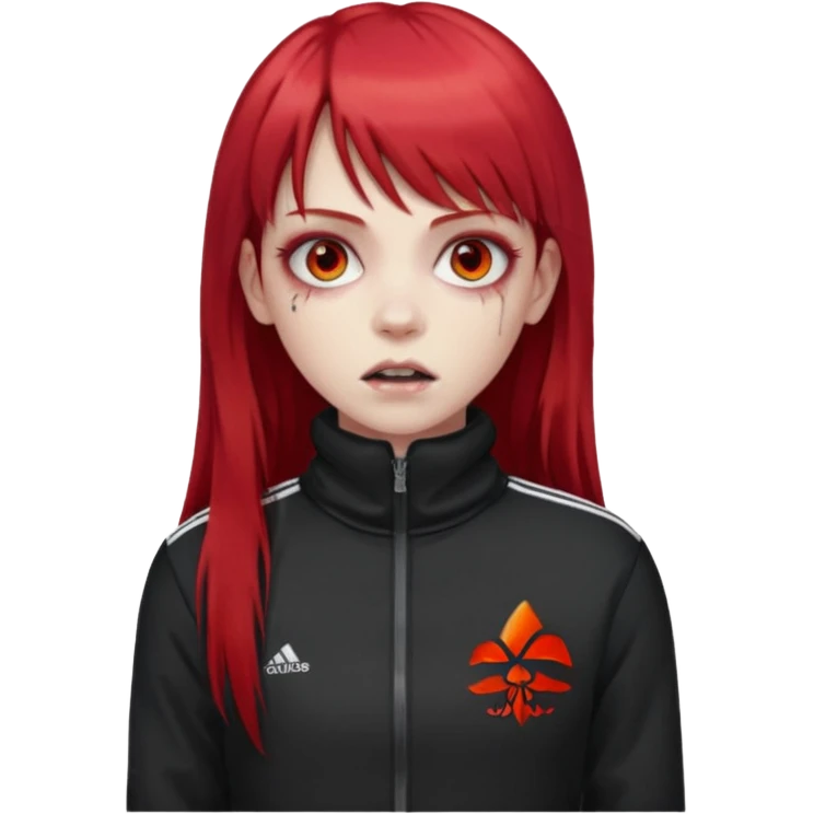 Crie um emoji de uma menina zumbi  com o cabelo vermelho longo com uma franja reta casaco de gola alta da adidas emoji