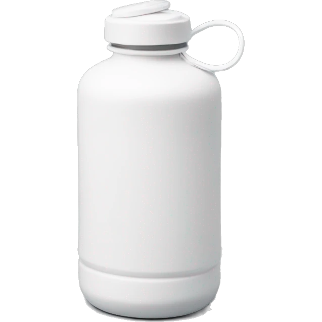 white water bottle with a rounded white lid, attached to a flexible white handle strap that connects to both sides of the lid base, allowing it to arch over the top for easy carrying emoji