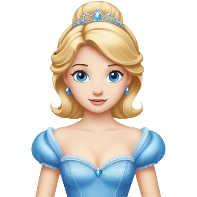 Cinematic Realistic Comical Cinderella Portrait, with every detail rendered realistically—from the soft, smooth texture of her fair skin to her artfully styled golden-blonde hair. Her bright blue eyes are wide with playful disbelief, and her expression carries a touch of whimsical humor while retaining elegant poise. Her classic ball gown, detailed with rich fabric textures and natural shadows, catches the light in a way that blends refined beauty with a hint of cheeky mischief, creating a striking, lifelike portrayal. emoji