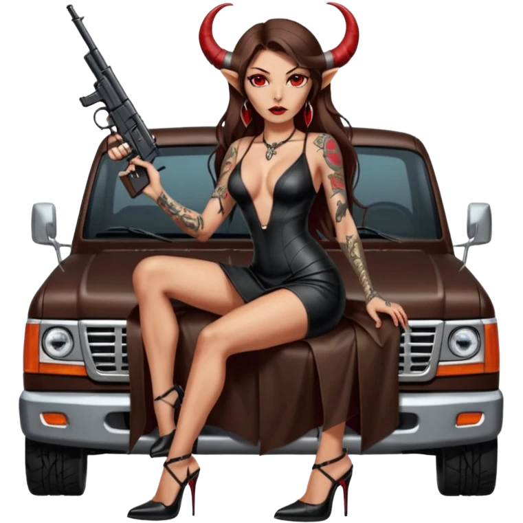 Lilith model red eye sexy black  devil horns.  long brown haired sexy succubus woman with leather long dress slit, sitting in Big Large F350 pickup truck. Black Platform high heels on feet. Tattoo sleeve arms, dead human skull of her ex skull is on top of stack of cash and a gun in  hand emoji