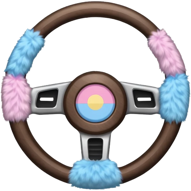 steering wheel with transgender pride flag colors, fluffy emoji